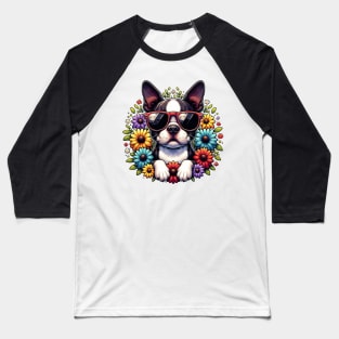 Cool Boston Terrier And Flowers Baseball T-Shirt